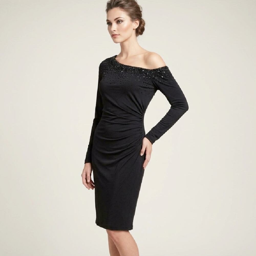 DAVID MEISTER Black Beaded One-Shoulder Cocktail Dress Sz 8 Ruched Jersey Sheath